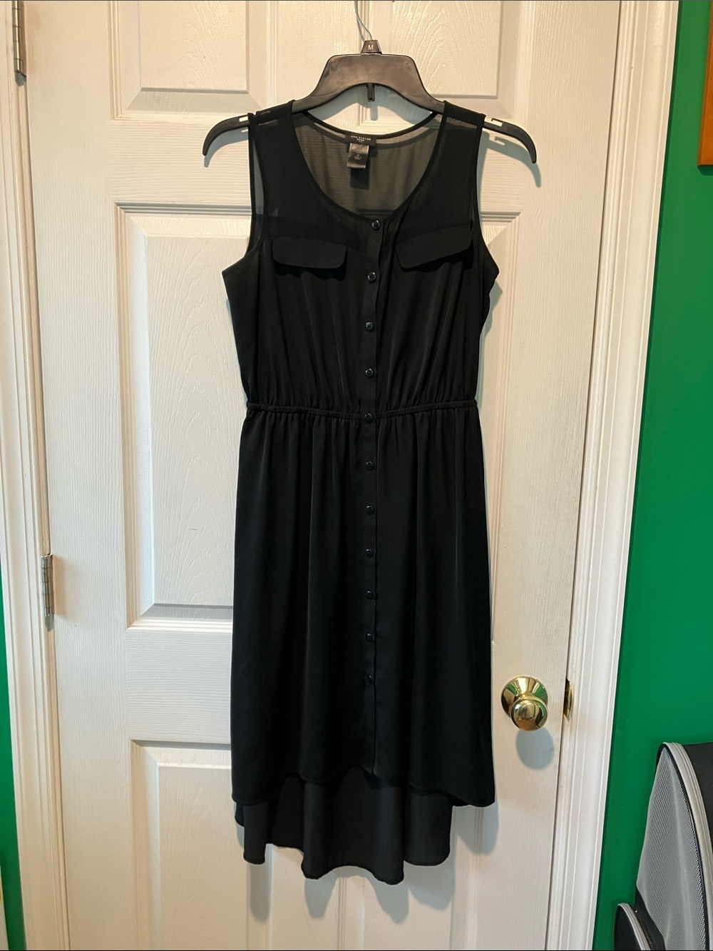 Ann Taylor Black Sleeveless Button-Front High-Low Dress sheer panels small petit